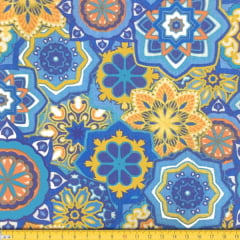 Tecido Tricoline Estampado Mandalas Geométrico Azul Laranja 6169v03 Tecido Tricoline Estampado Mandalas Geométrico Azul Laranja 6169v03